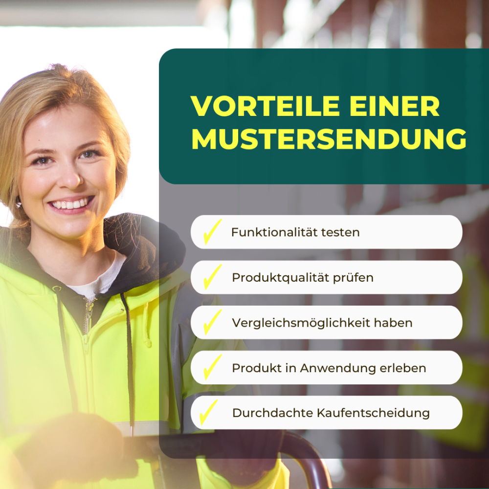 Vorteile einer Mustersendung: Funktionalität testen, PRoduktqualität prüfen, Vergleichsmöglichkeiten, in Anwendung erleben, durchdachte Kaufentscheidung